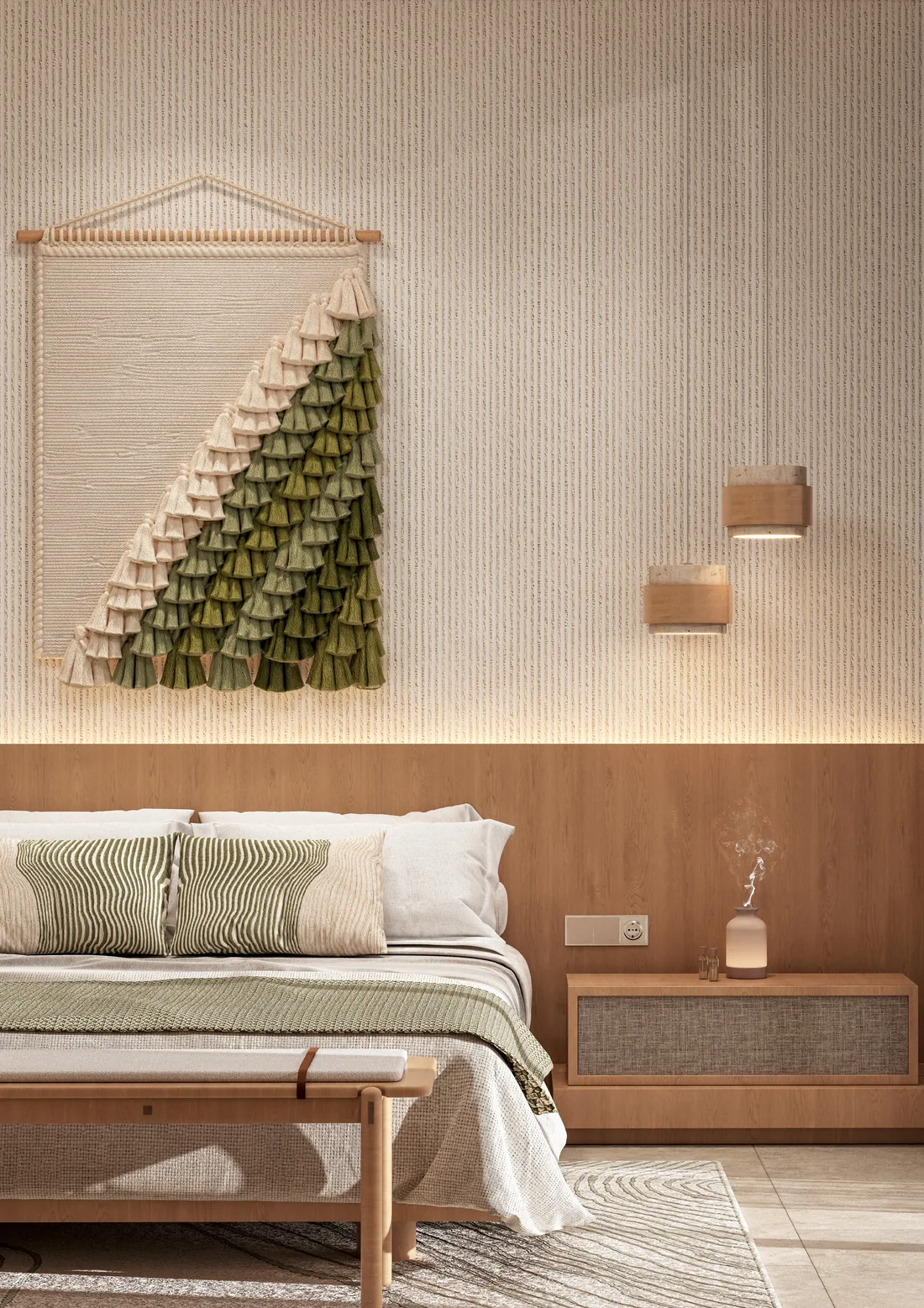 Rendu indicatif d'une chambre aux matières naturelles à KORE